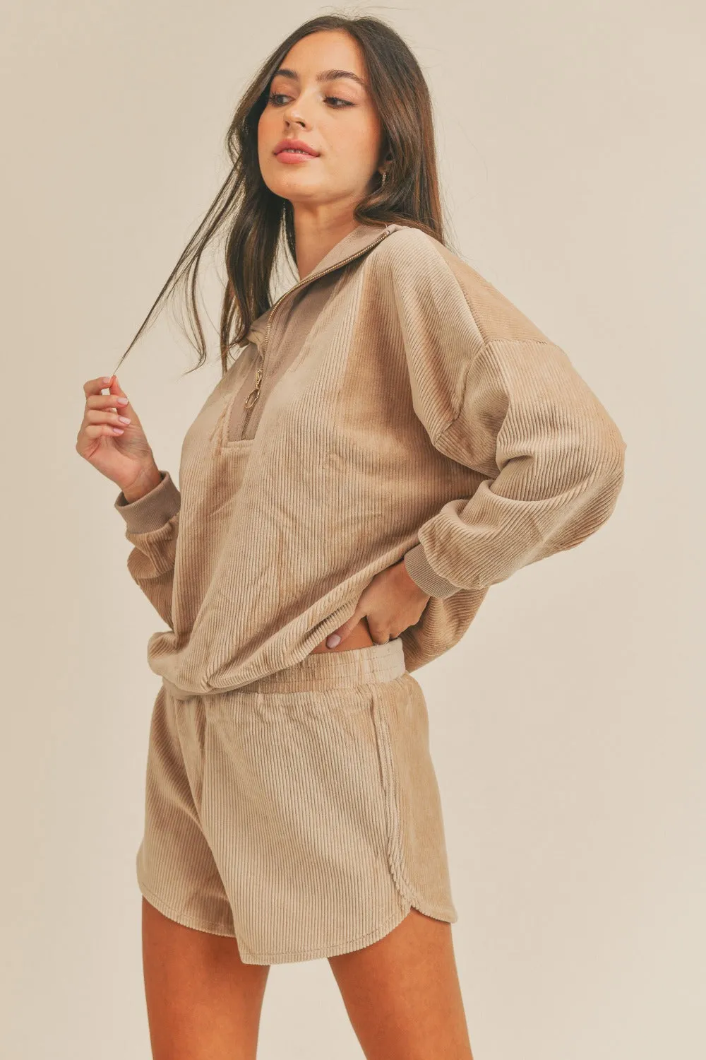 Macey Taupe Corduroy Half Zip Top and Shorts Set