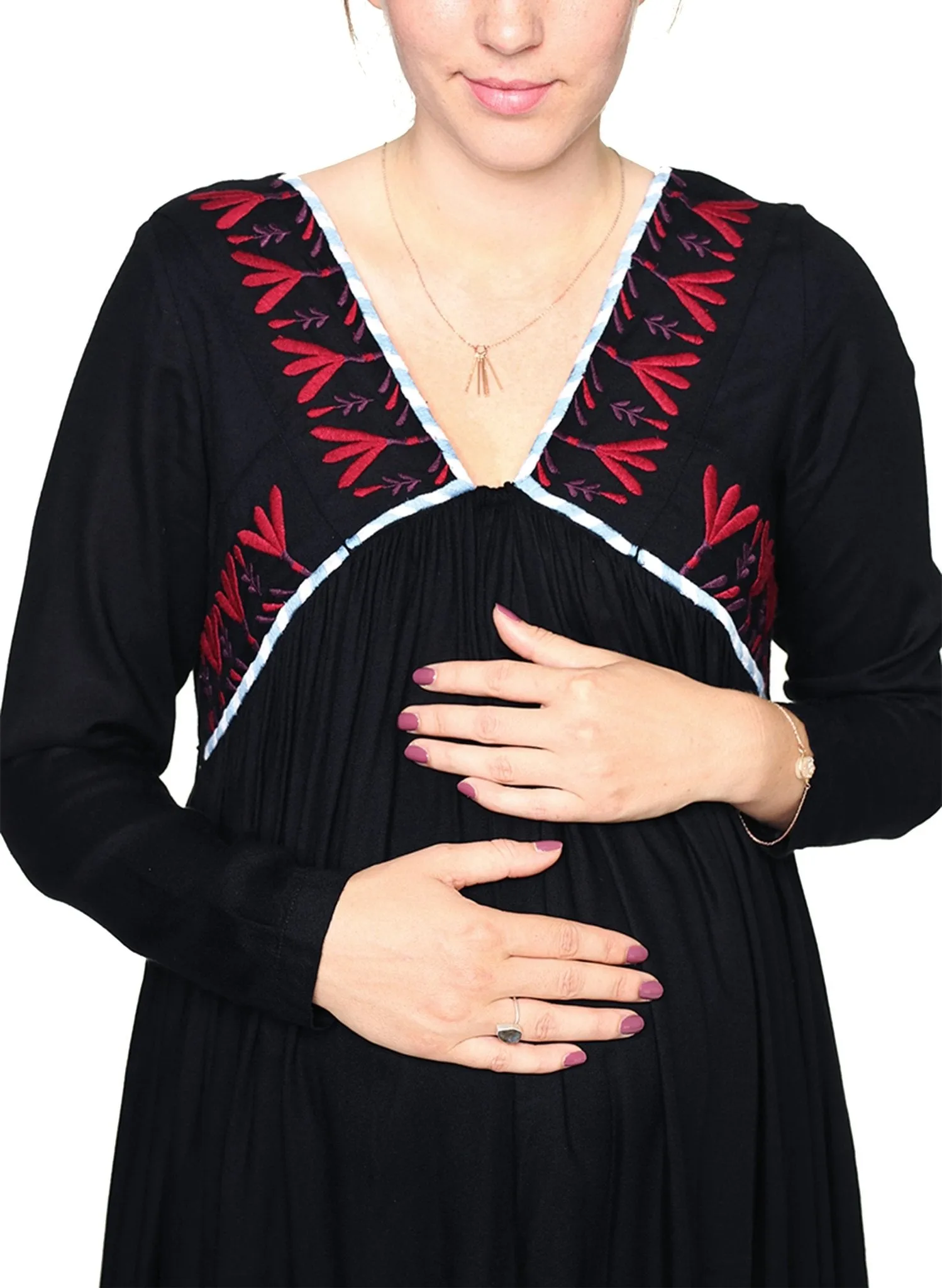 Maternity & Nursing Embroidered Dress - Black/Bordeaux