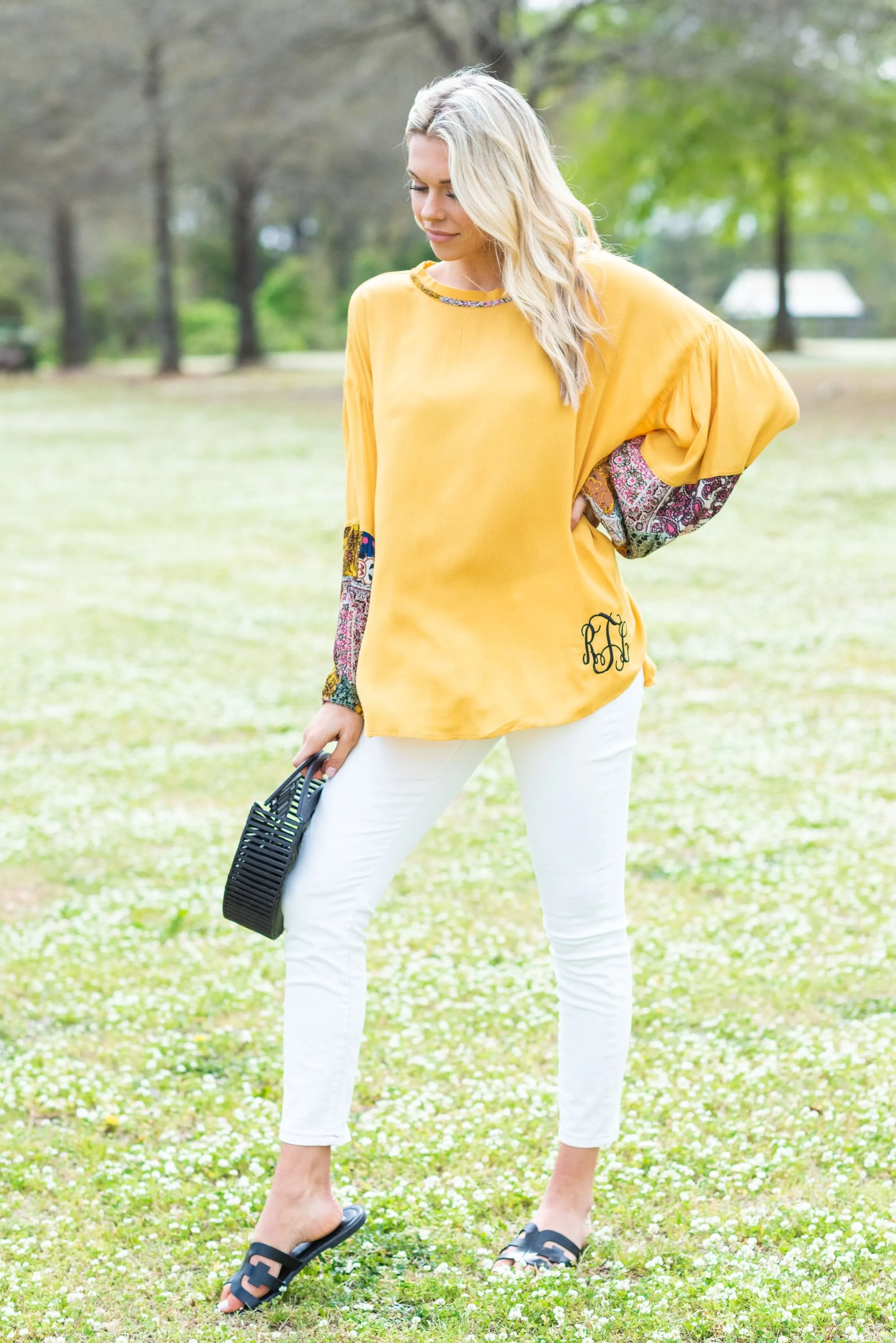 Off Into The Sunset Mustard Yellow Printed Sleeve Top