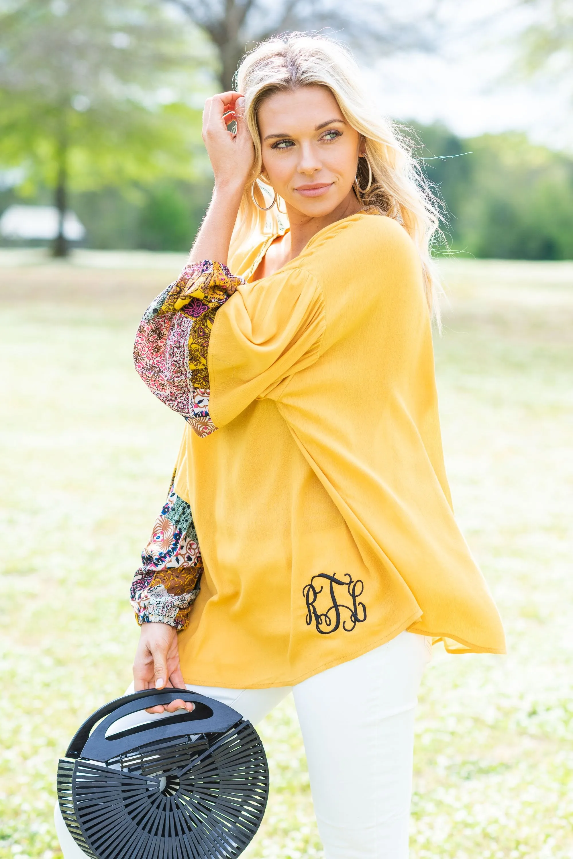 Off Into The Sunset Mustard Yellow Printed Sleeve Top