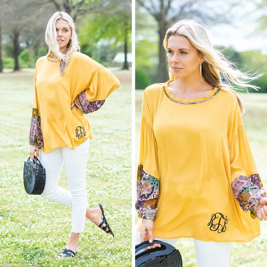 Off Into The Sunset Mustard Yellow Printed Sleeve Top