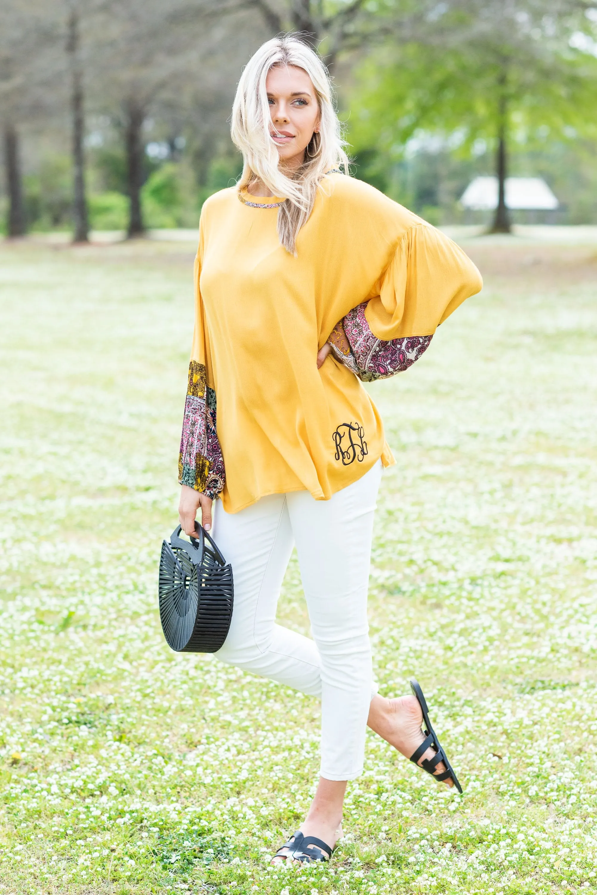 Off Into The Sunset Mustard Yellow Printed Sleeve Top