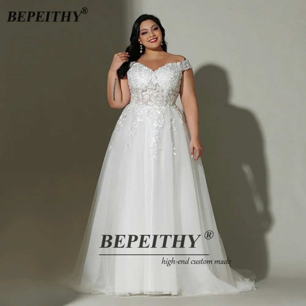 Off The Shoulder Ivory Plus Size Wedding Sweep Train Sweetheart Lace Bridal Gown Dress