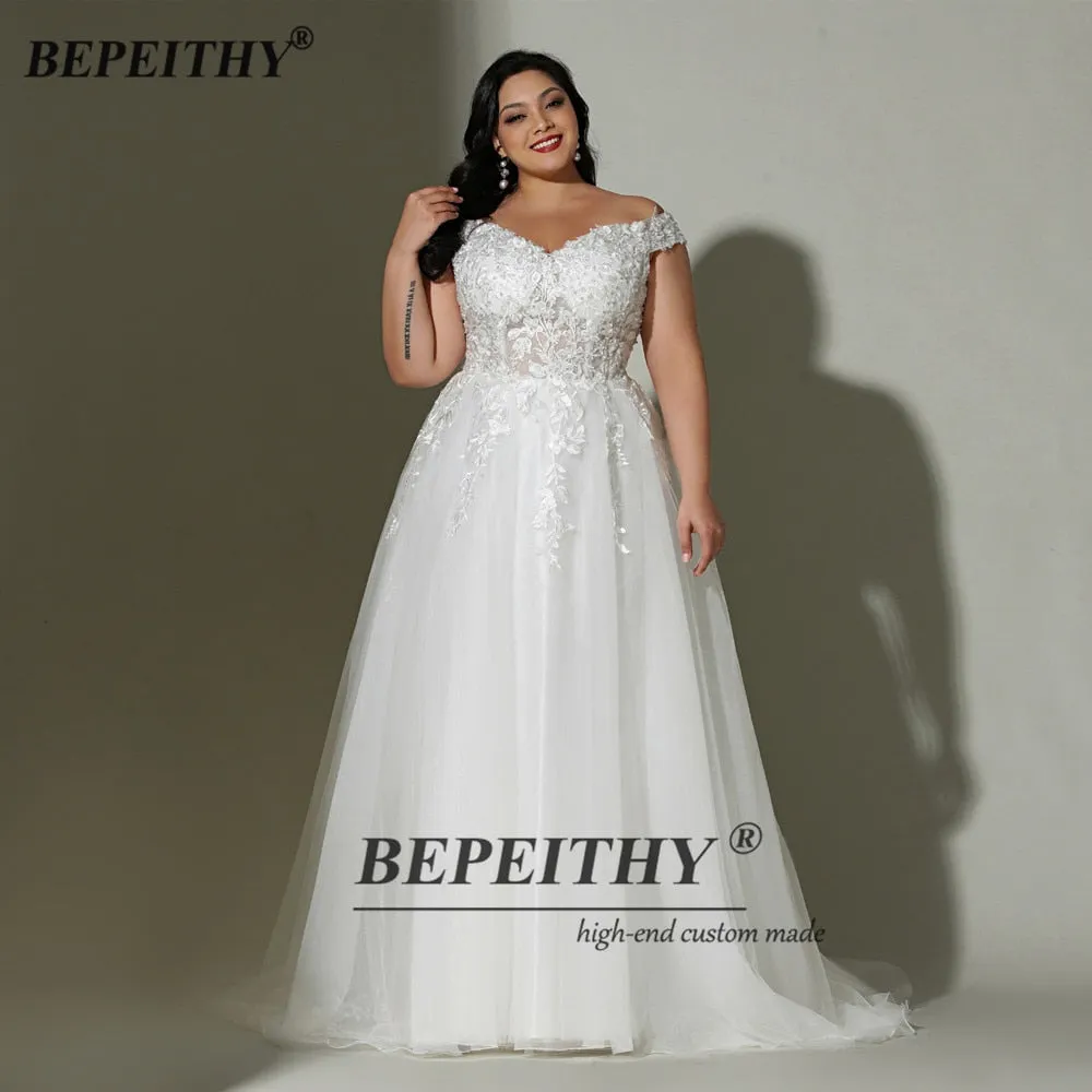 Off The Shoulder Ivory Plus Size Wedding Sweep Train Sweetheart Lace Bridal Gown Dress