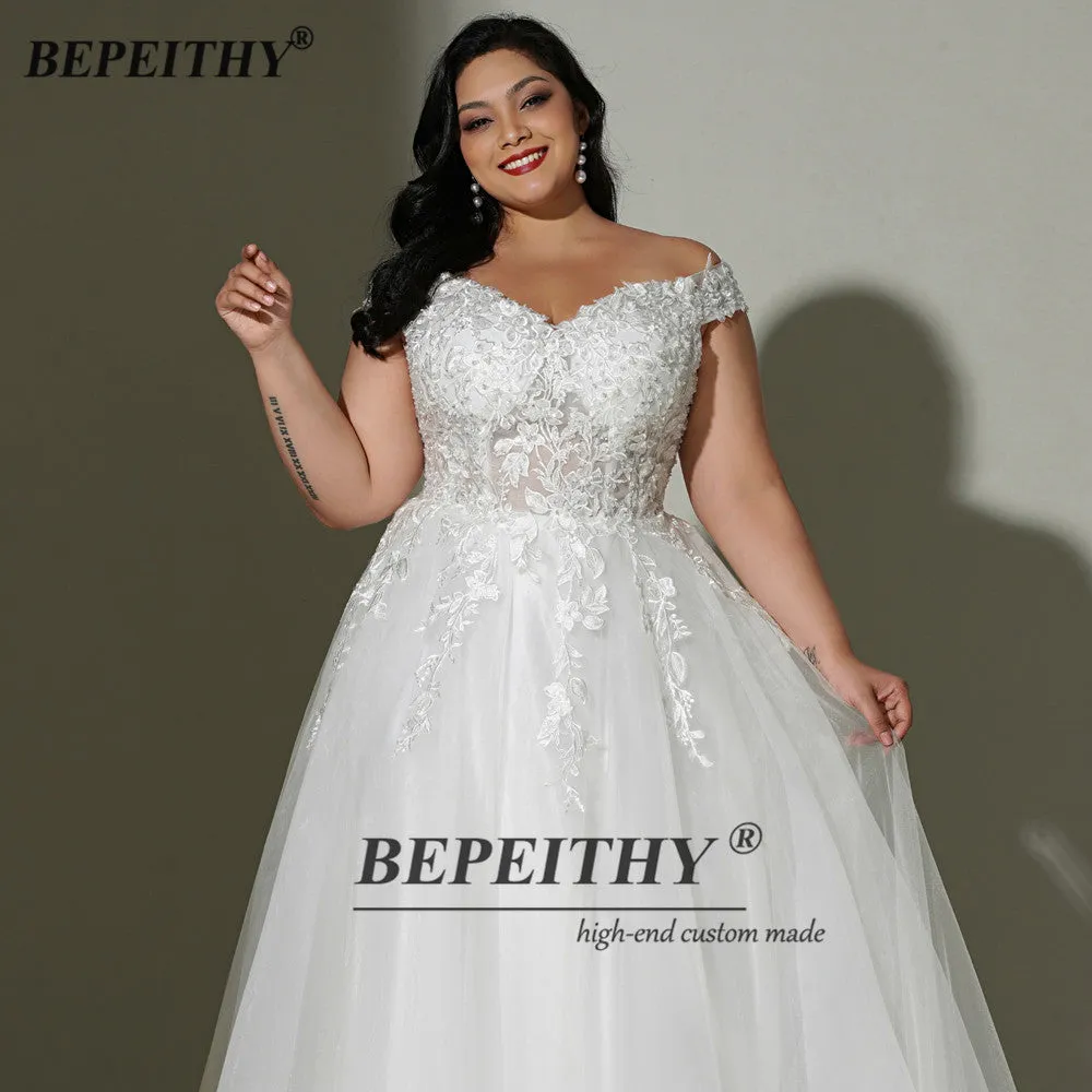 Off The Shoulder Ivory Plus Size Wedding Sweep Train Sweetheart Lace Bridal Gown Dress