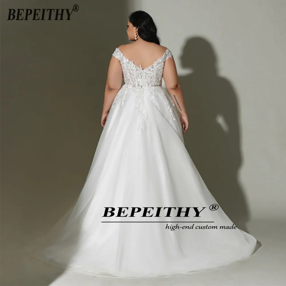 Off The Shoulder Ivory Plus Size Wedding Sweep Train Sweetheart Lace Bridal Gown Dress
