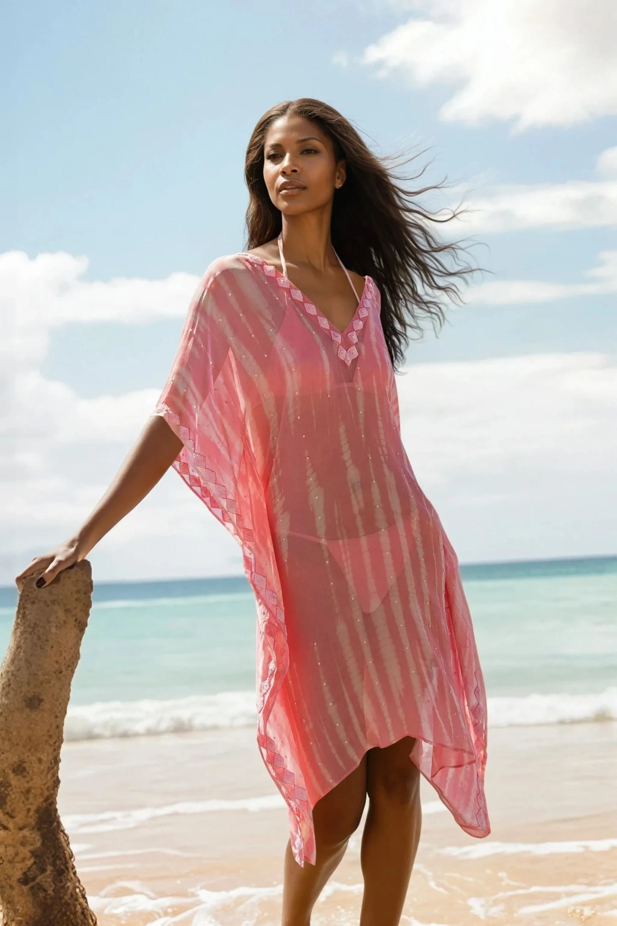 Pink silk loose designer beach cover-up
