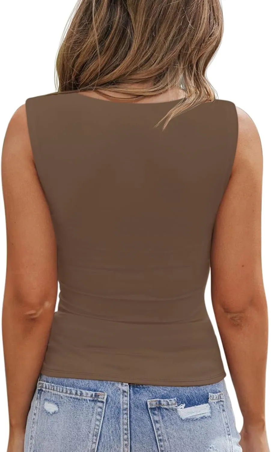 PINKMSTYLE Womens Basic Fitted Square Neck Tank Tops Double Lined Summer Tops Cute Sleeveless Shirts