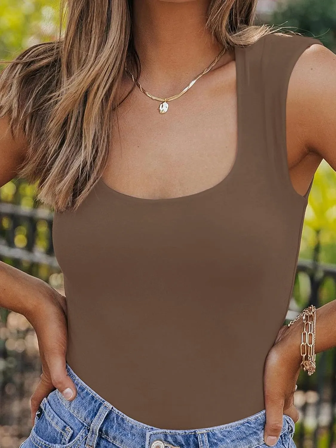 PINKMSTYLE Womens Basic Fitted Square Neck Tank Tops Double Lined Summer Tops Cute Sleeveless Shirts