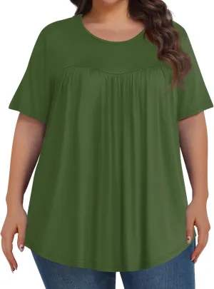 Plus Size Tops for Women Pleated Front Crewneck Short Sleeve Blouses 2024 Summer Tunic Shirts Flowy 1X-5X