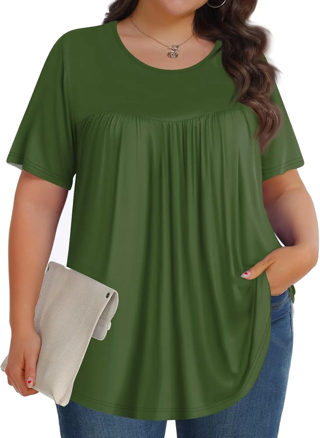 Plus Size Tops for Women Pleated Front Crewneck Short Sleeve Blouses 2024 Summer Tunic Shirts Flowy 1X-5X