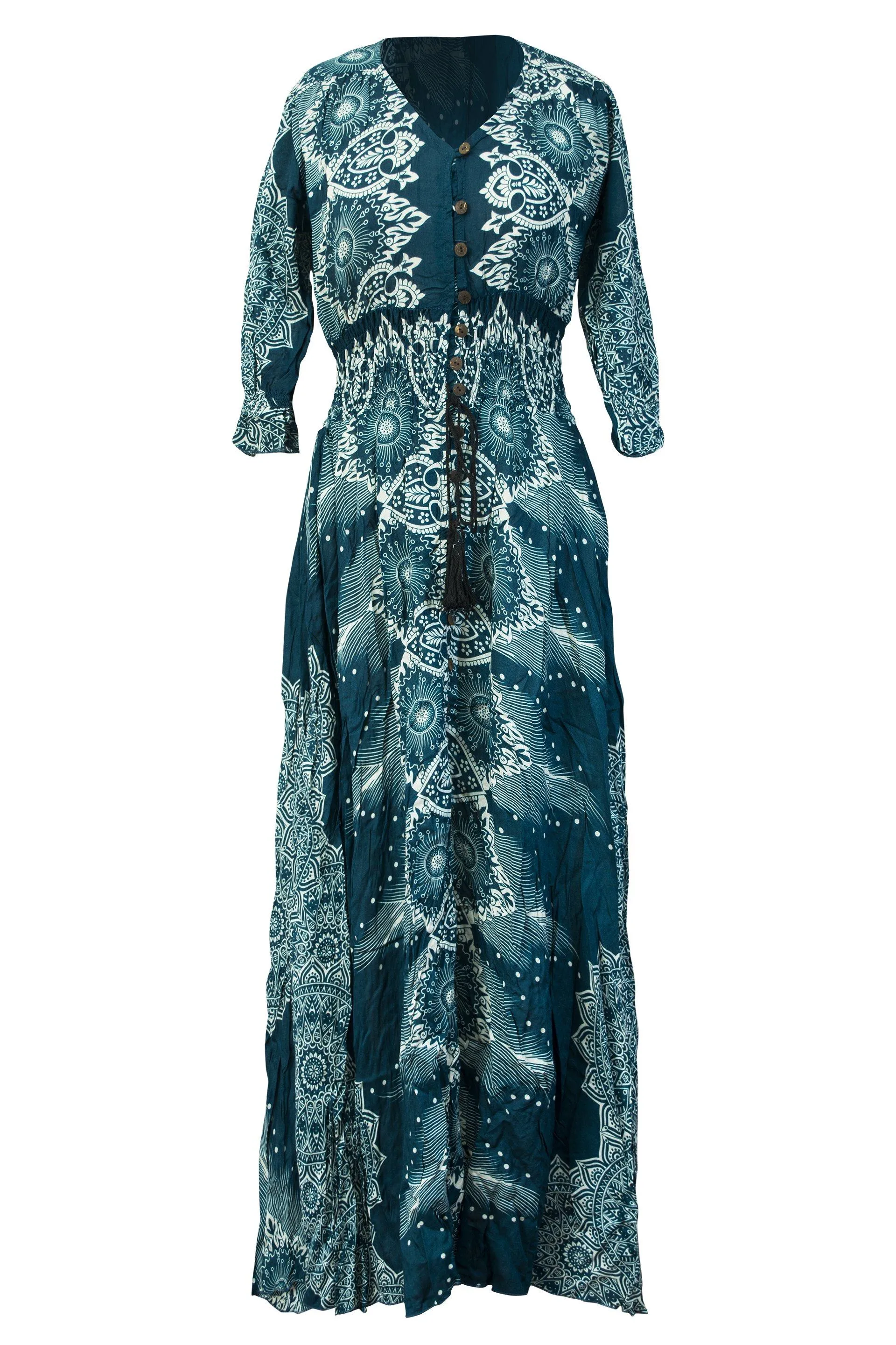 Printed Rayon Dress 3/4 Sleeve Mandala Casual Maxi Dress