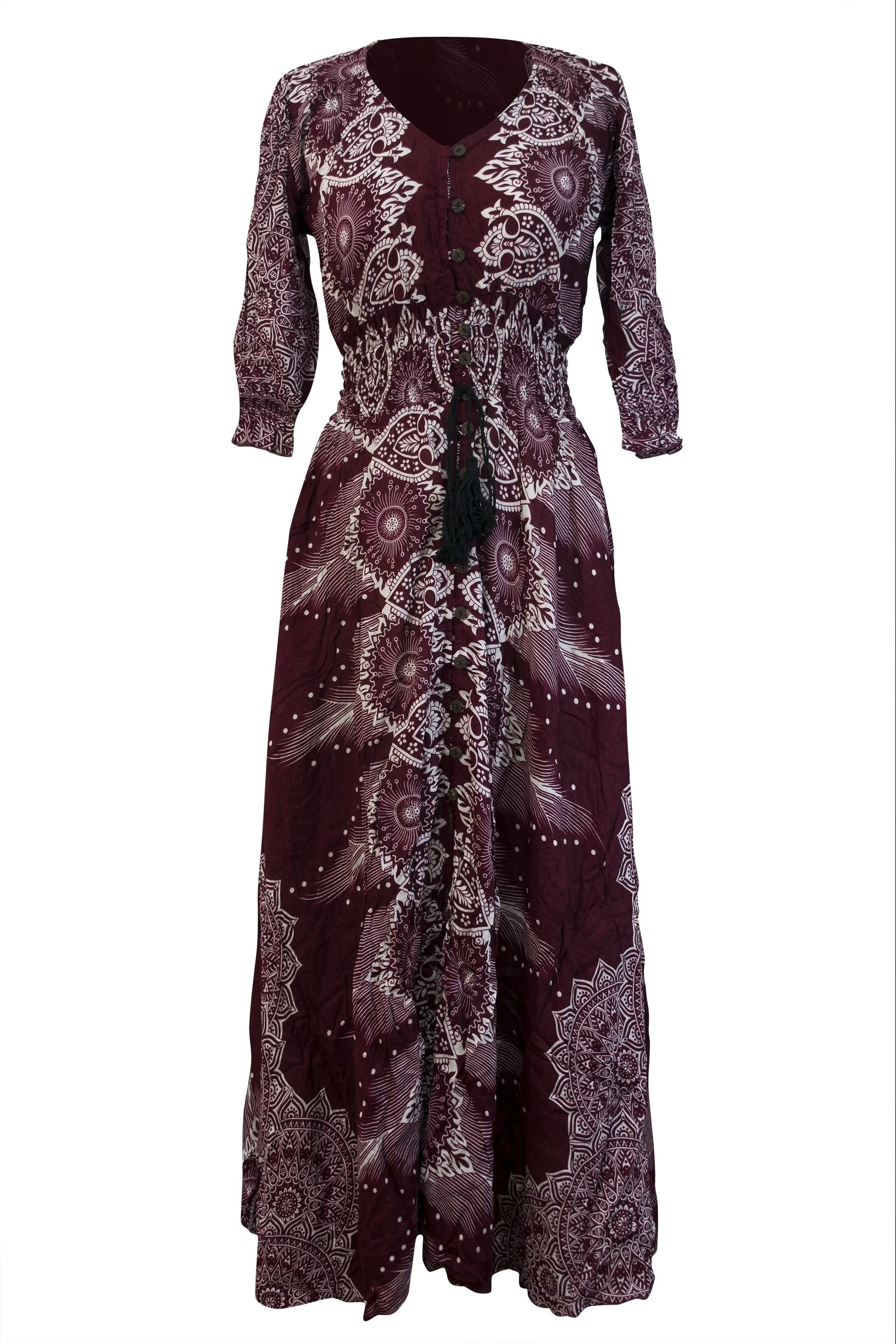 Printed Rayon Dress 3/4 Sleeve Mandala Casual Maxi Dress