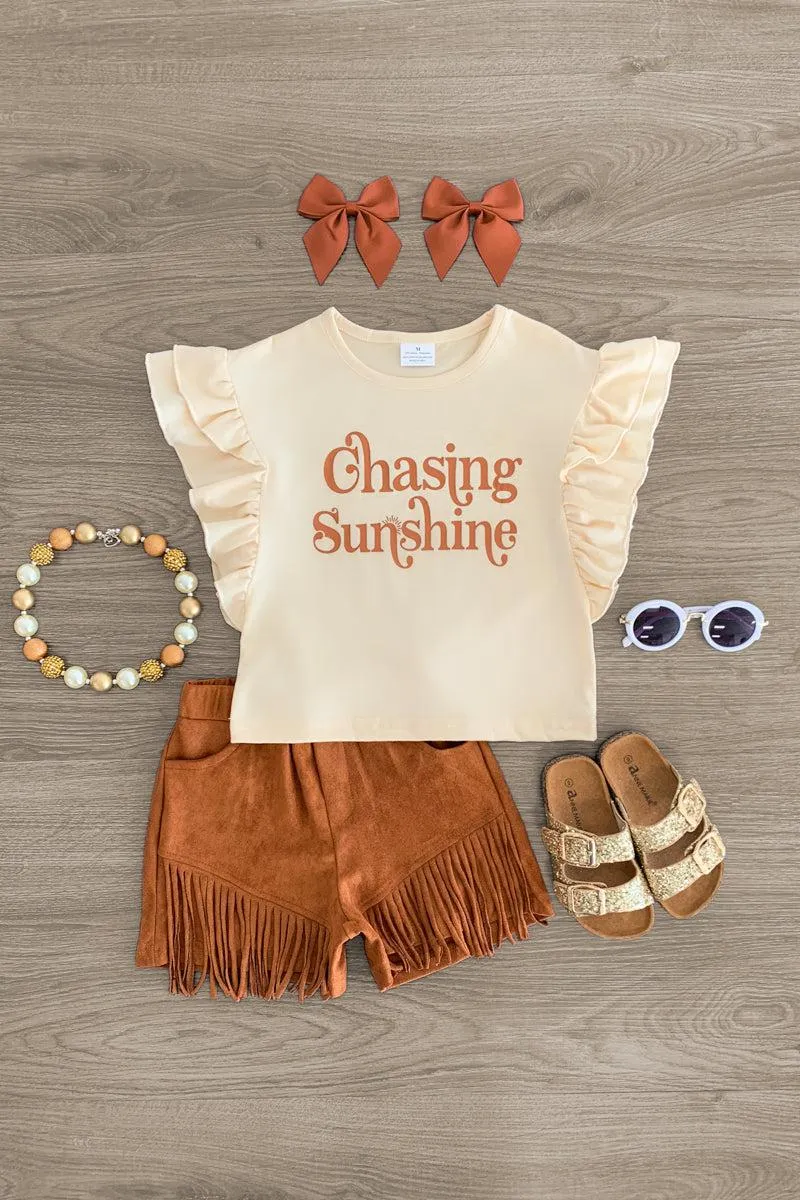 "Chasing Sunshine" Brown Fringe Suede Short Set