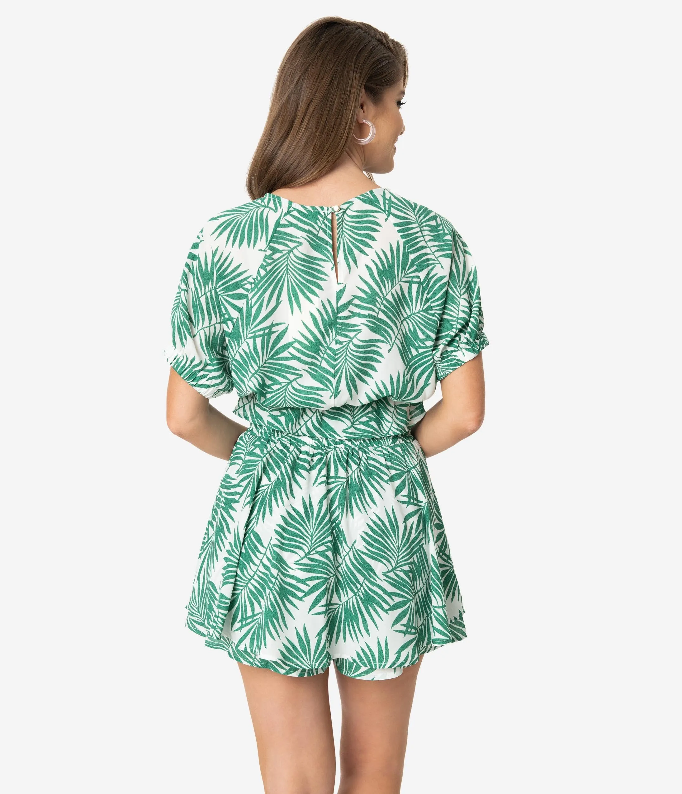 Retro Style Green & White Palm Print Tropical Skort