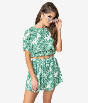 Retro Style Green & White Palm Print Tropical Skort