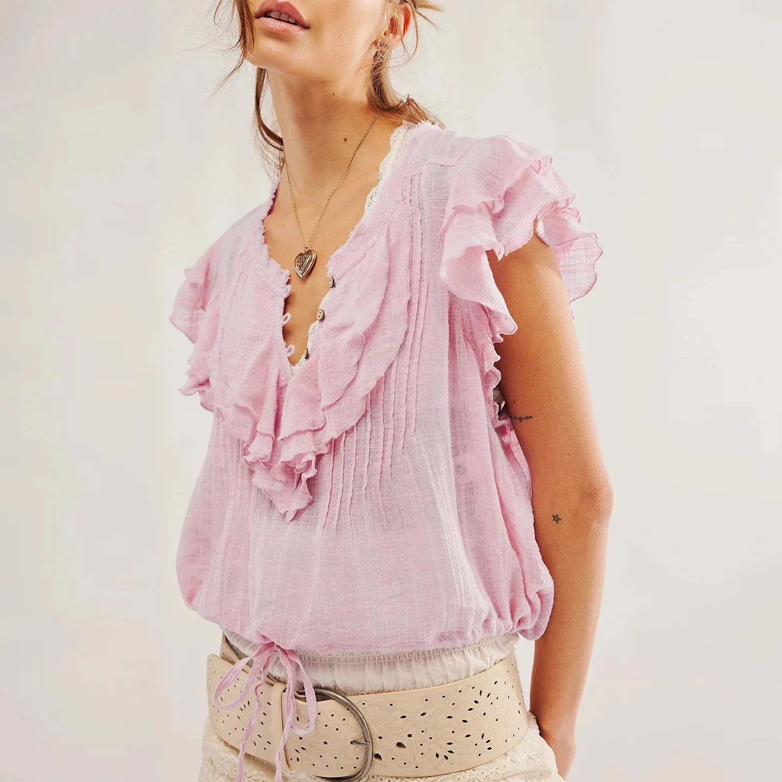 Slay the Streets  Y2K Ruffle Trim Button-Up Blouse