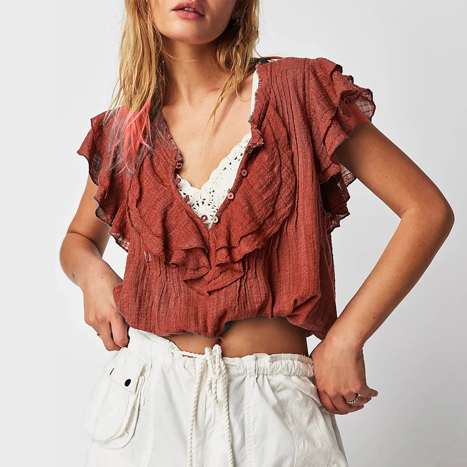 Slay the Streets  Y2K Ruffle Trim Button-Up Blouse