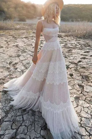 Spaghetti Straps Boho Tulle Lace Wedding Dress Boho Bridal Gown