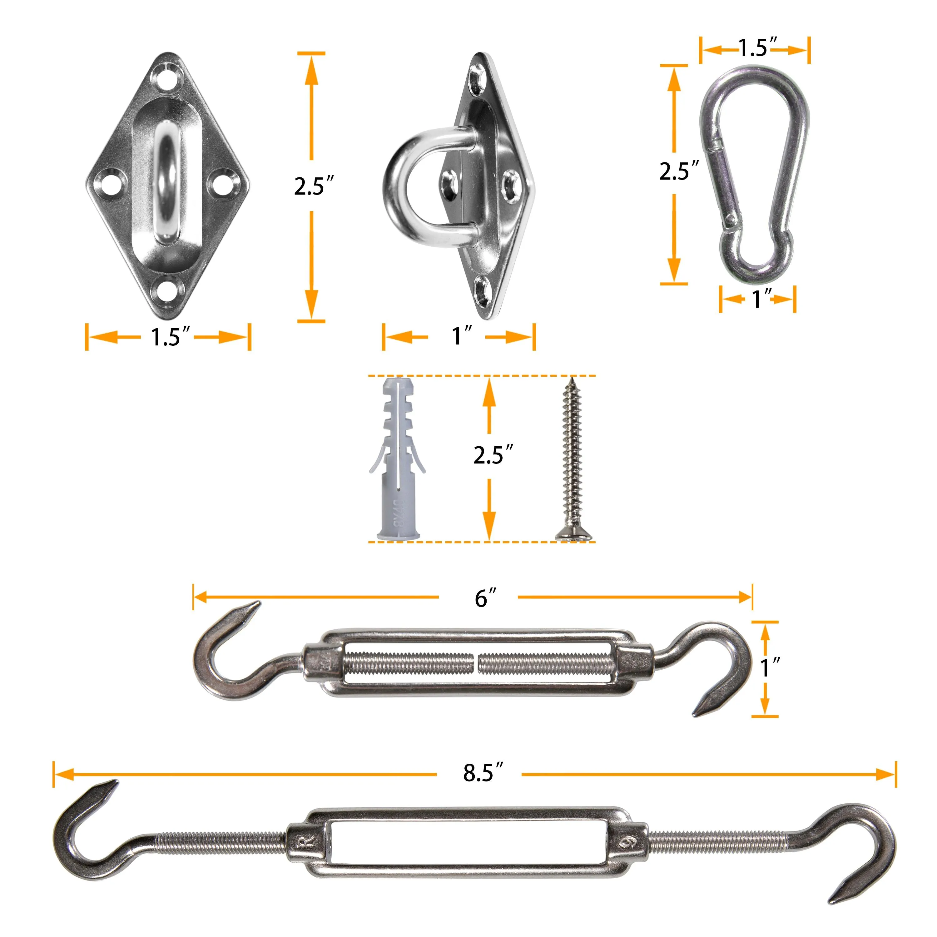 Stainless Steel 6" Sun Shade Sail Hardware Installation Kit - Triangle