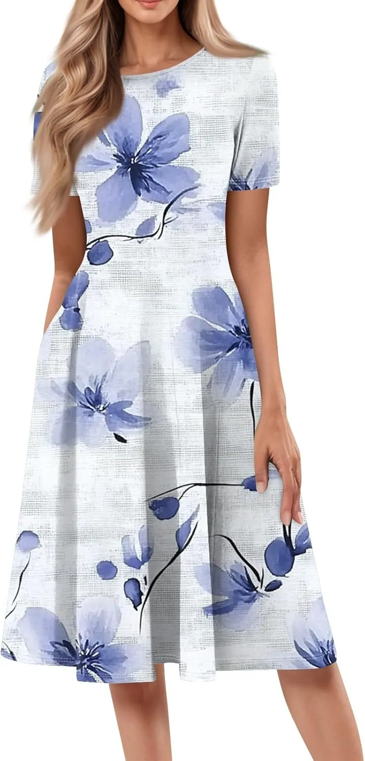 Summer Dresses for Women 2025 Crewneck Short Sleeve Empire Waist A Line Dress Side Pockets Midi Sun Dress Vacation