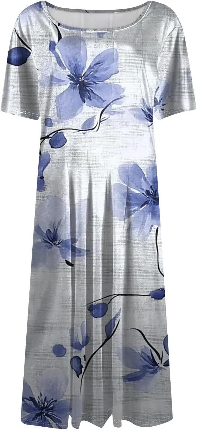 Summer Dresses for Women 2025 Crewneck Short Sleeve Empire Waist A Line Dress Side Pockets Midi Sun Dress Vacation