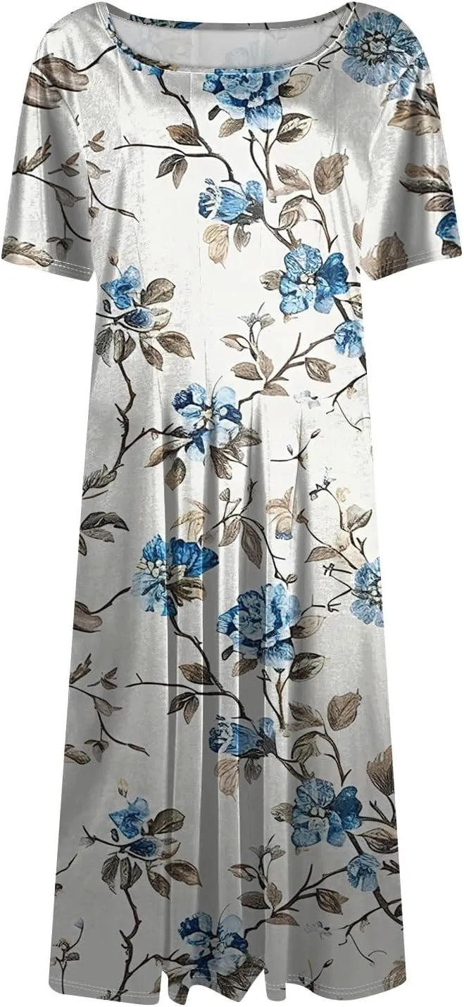 Summer Dresses for Women 2025 Crewneck Short Sleeve Empire Waist A Line Dress Side Pockets Midi Sun Dress Vacation