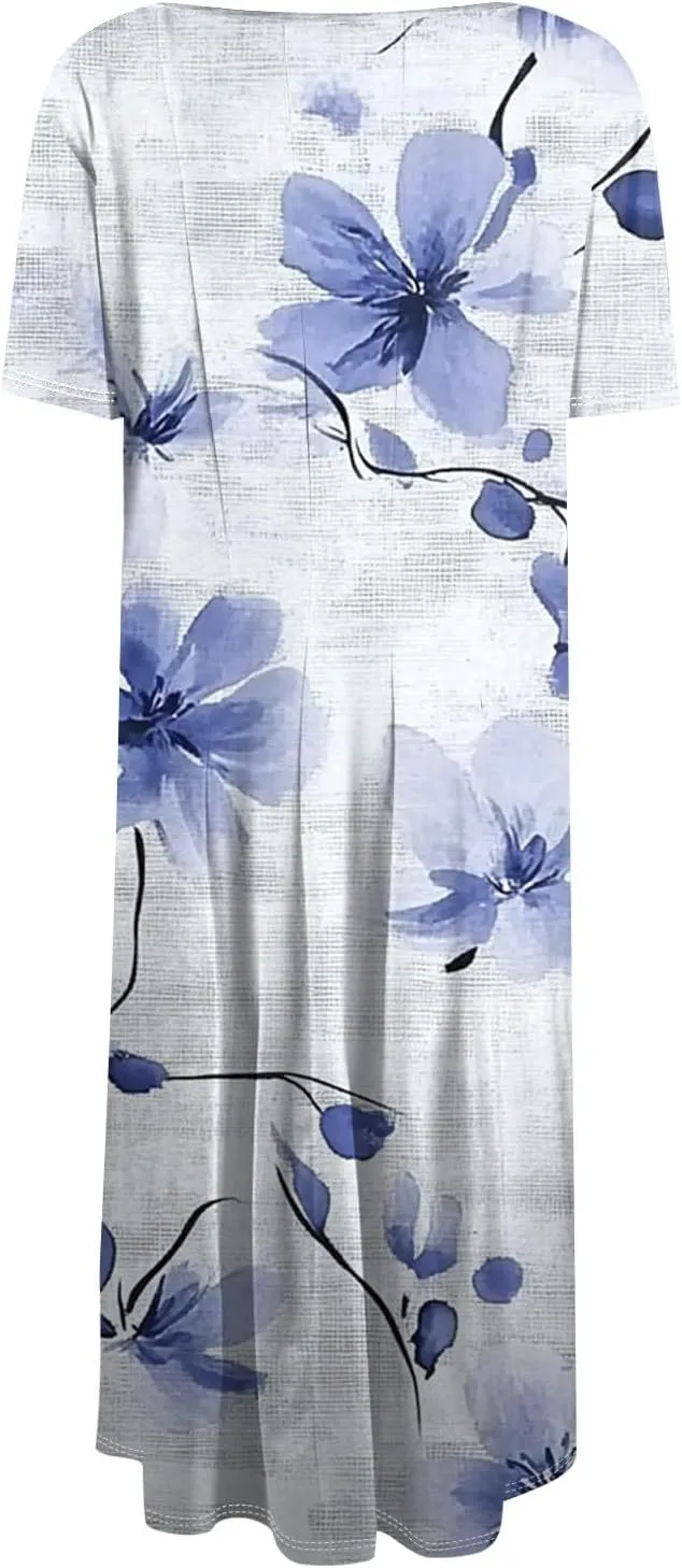 Summer Dresses for Women 2025 Crewneck Short Sleeve Empire Waist A Line Dress Side Pockets Midi Sun Dress Vacation