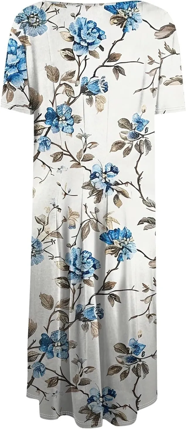 Summer Dresses for Women 2025 Crewneck Short Sleeve Empire Waist A Line Dress Side Pockets Midi Sun Dress Vacation
