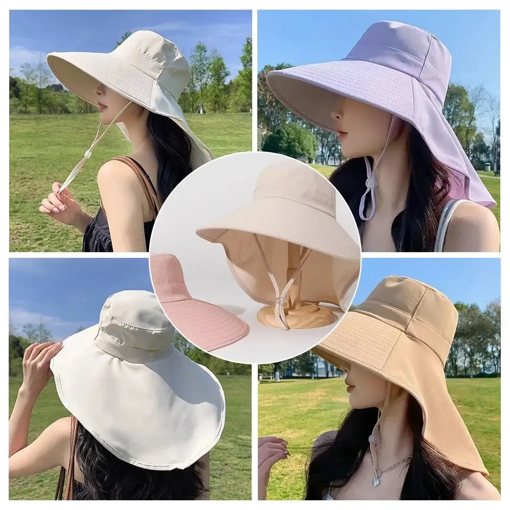 Summer Hats Outdoor UV Anti Neck Protection Sun Visors For Lady Fishing Hiking Wide Brim Shawl Sunscreen Ponytail Caps For Women