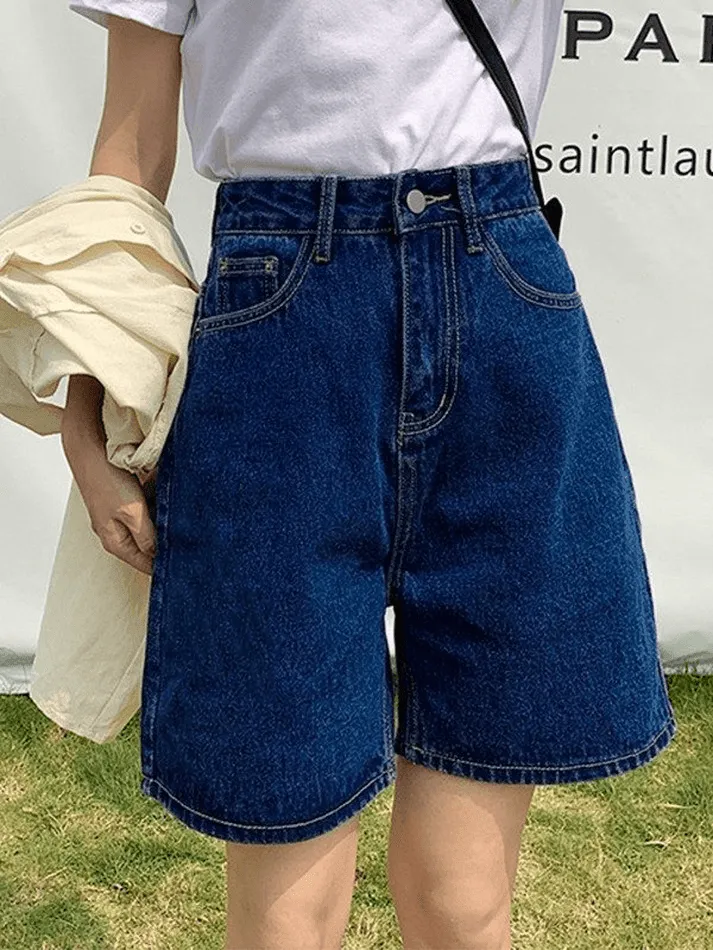 Wenkouban Blue Retro Denim High Waist Shorts with Straight Leg
