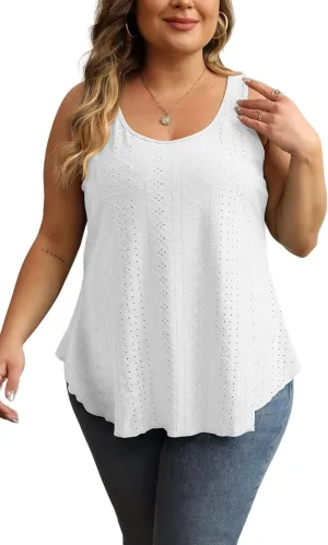 Women Plus Size Fashion Eyelet Tank Tops Flowy Scoop Neck Loose Fit Tank-Top Sleeveless Cami Camisole Shirts 1X-5X