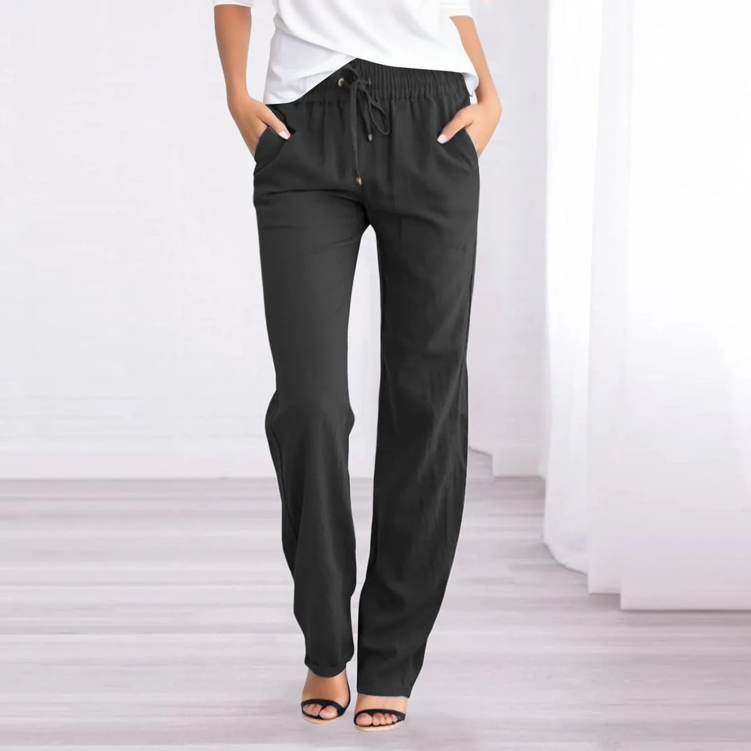 Women Wide Leg Linen Pants Summer Dressy High Waist Palazzo Pant Soft Split Trousers with Pockets