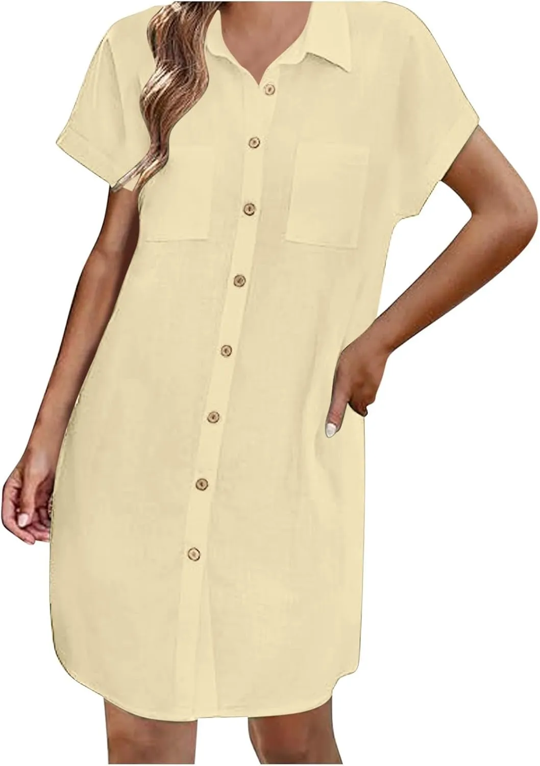 Women's Solid Color Loose Shirt Dresses Stand Up Collar Casual T Shirts Dress Pocket Button Short Sleeved Dresses