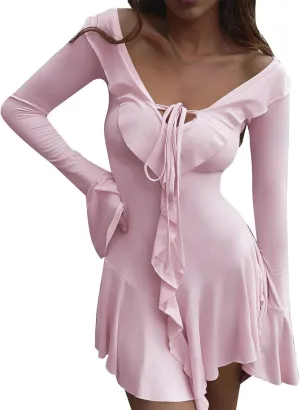 Womens Summer Dress Mini Dress Sexy Deep V Neck Long Sleeve Ruffled Slim Fit Party Club Y2K Beach Shorts Dress