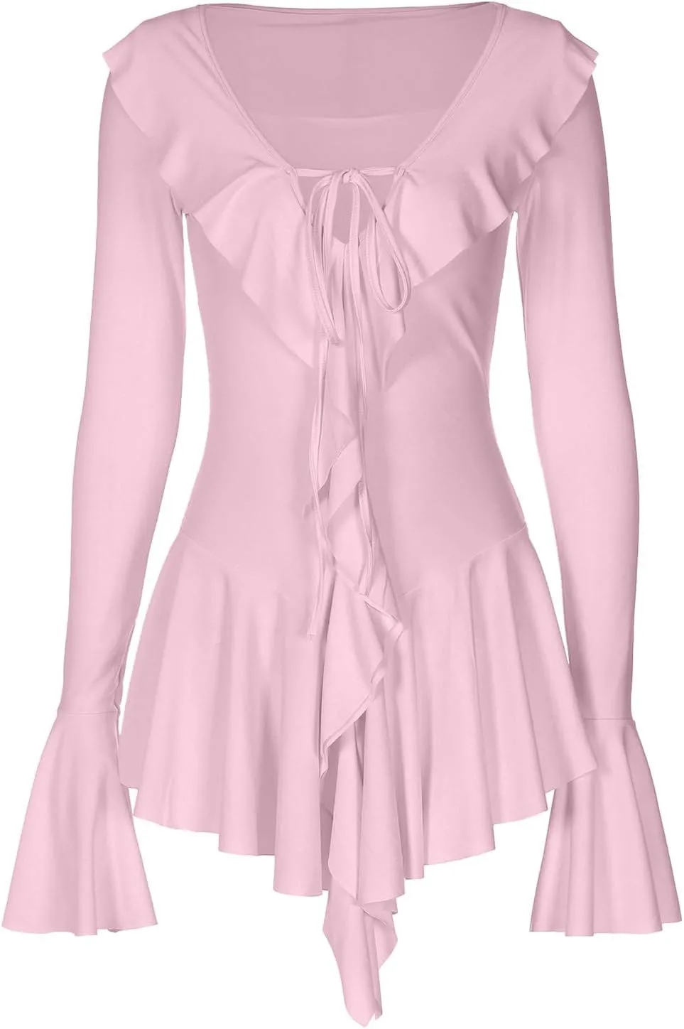 Womens Summer Dress Mini Dress Sexy Deep V Neck Long Sleeve Ruffled Slim Fit Party Club Y2K Beach Shorts Dress