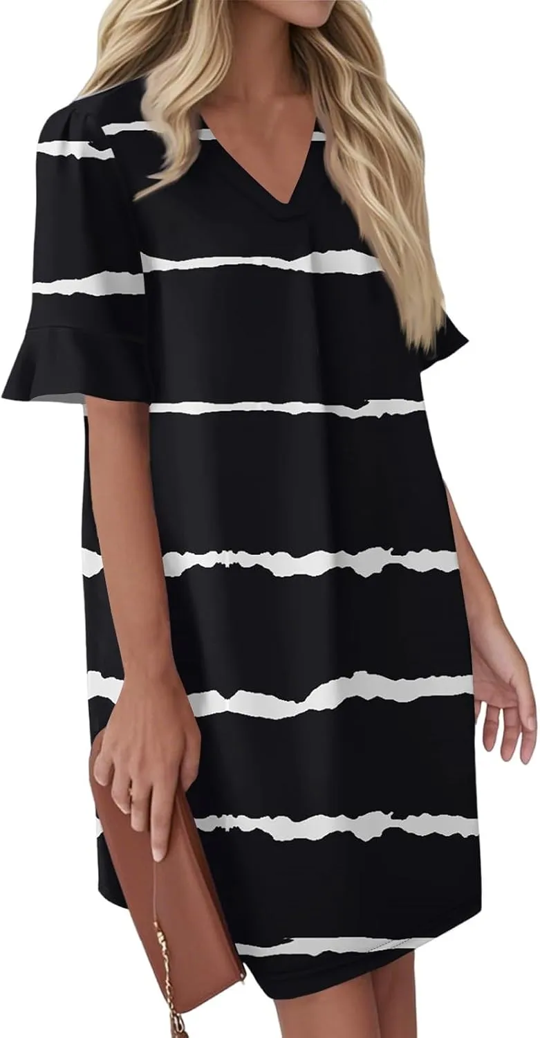 Women's Summer T-Shirts Dresses with Pockets Casual V-Neck Short Sleeve Boho Mini Beach Sundress