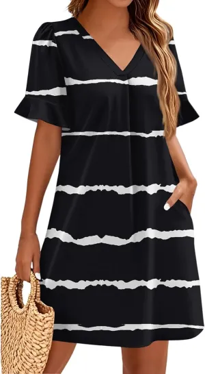 Women's Summer T-Shirts Dresses with Pockets Casual V-Neck Short Sleeve Boho Mini Beach Sundress