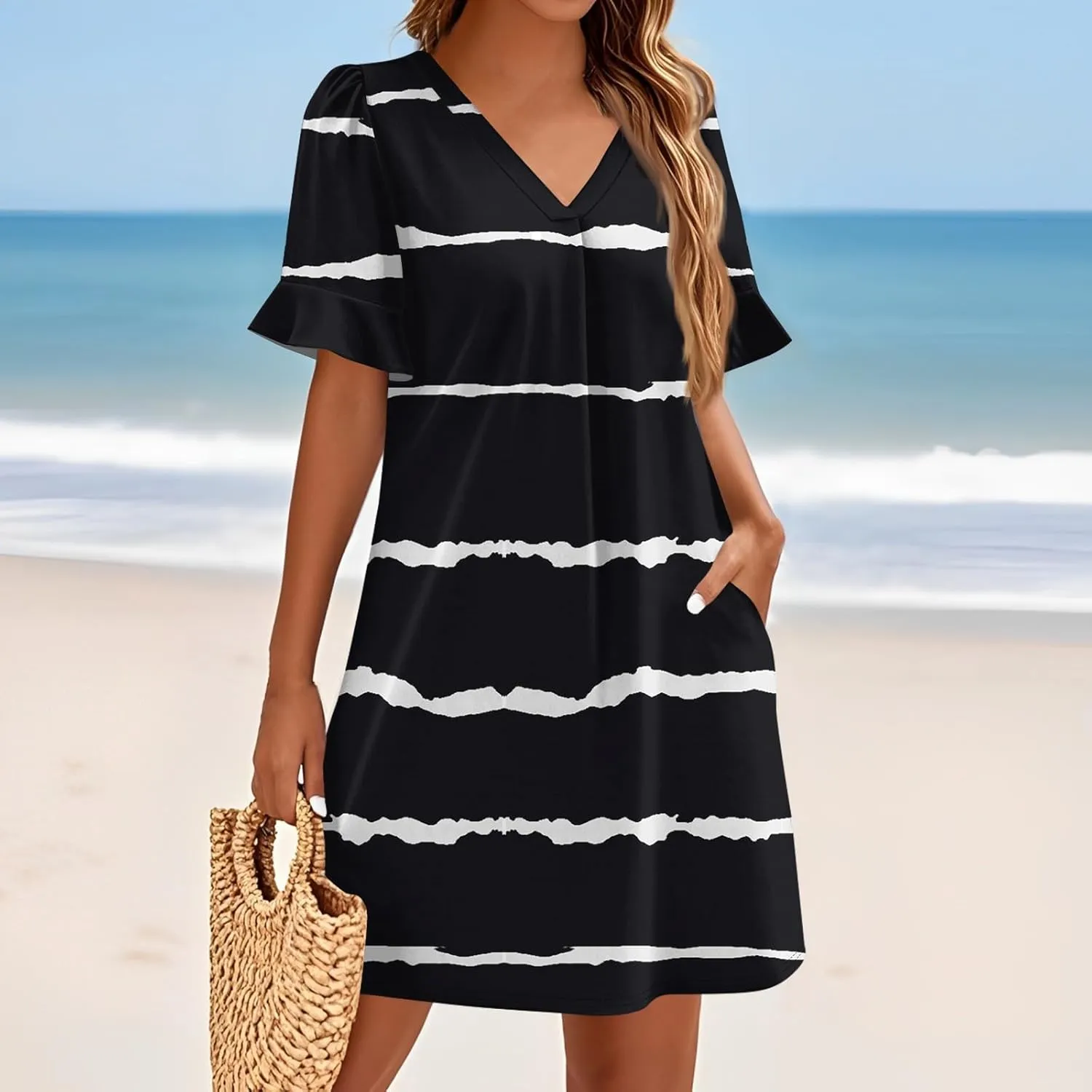 Women's Summer T-Shirts Dresses with Pockets Casual V-Neck Short Sleeve Boho Mini Beach Sundress