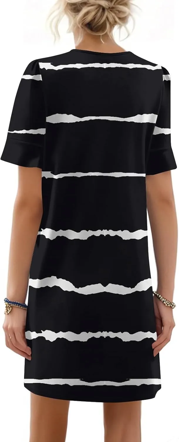 Women's Summer T-Shirts Dresses with Pockets Casual V-Neck Short Sleeve Boho Mini Beach Sundress