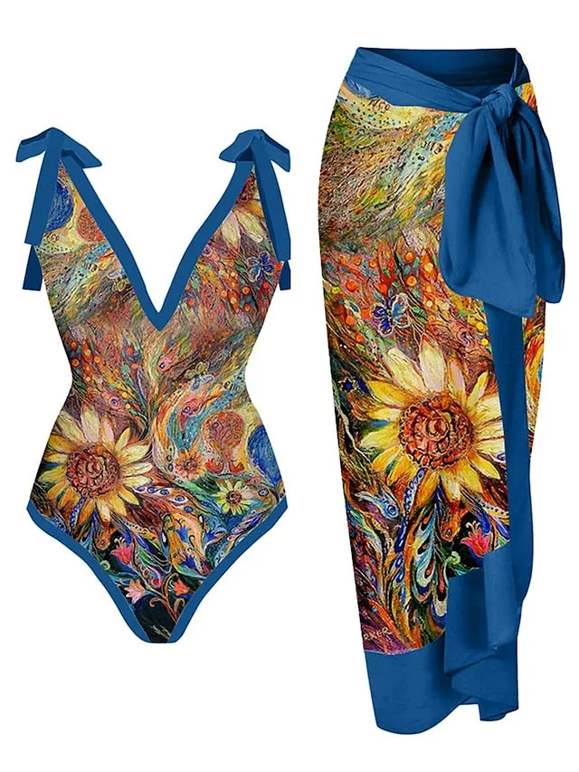 Women's Swimwear One Piece Beach Bottom Normal Swimsuit 2 Piece Printing Leopard Sunflower Red Blue Green Bodysuit Bathing Suits Sports Beach Wear Summer